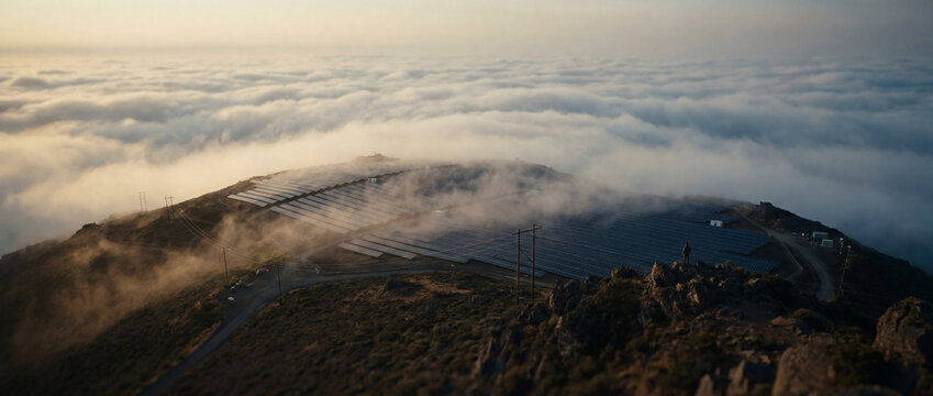 Mountain Solar Farm Above Cloud Layer at Sunrise