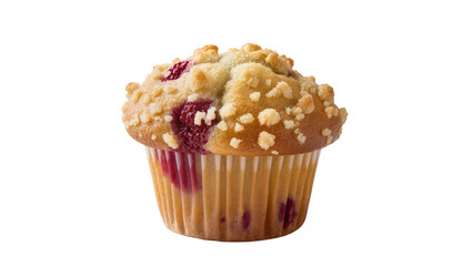 Obraz premium Golden brown raspberry crumble muffin with streusel topping, isolated on transparent background