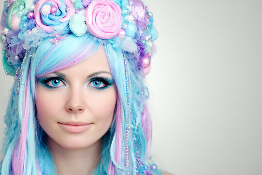 Beautiful woman with creative blue and pink hairstyle wearing candy themed headwear on light background