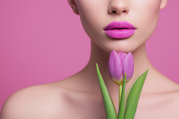 Naklejka premium Beauty Portrait of Young Woman with Pink Lips Holding Purple Tulip Flower on Pink Background