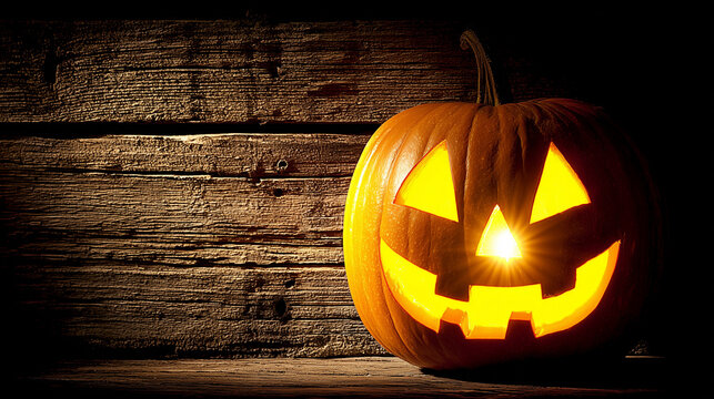 Glowing Halloween Jack-O-Lantern Pumpkin on Dark Wooden Background with Copy Space