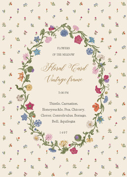 Flowers of the Meadow. Floral oval frame. Vector vintage illustration. Inspired by the Renaissance. Colorful