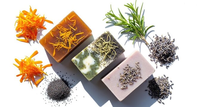 Several handmade soaps sit on a white surface, surrounded by dried herbs and flower petals.