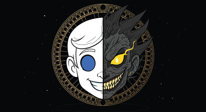 Split Face Symbolizing Duality of Good and Evil.