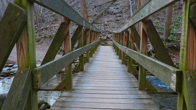 Wooden pedestrian bridge over mountain stream in forested area. Symmetry shot of a timber walkway crossing a shallow rocky creek in a dense forest.