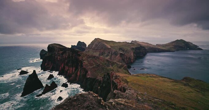 Aerial View of Ponta do Pargo Steep Cliffs and Lighthouse in Madeira island, Portugal. Spectacular seascape aerial panorama