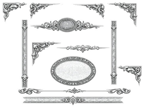  Luxury Certificate Border Set with Elegant Engraved Filigree, Victorian Ornamental Ribbons, Security Guilloch&eacute; Patterns, Geometric Oval Medallions, Minimal Grayscale Premium Vector Frames 