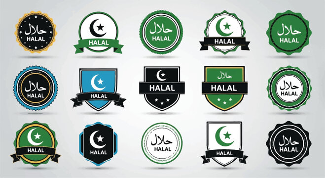 Collection of assorted halal certification badges and labels with islamic crescent moon and star symbols middle east food safety ethically sourced