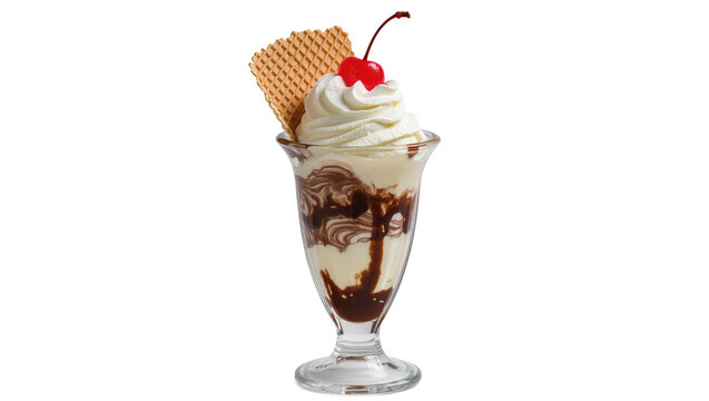 Layered Chocolate Vanilla Ice Cream Sundae with Whipped Cream and Cherry