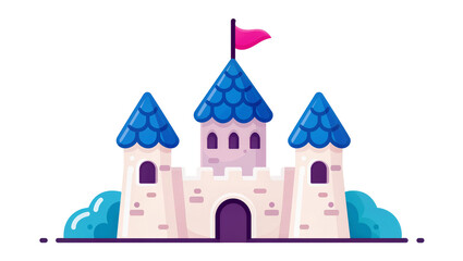 Beige fairytale castle with blue turrets and pink flag atop © Fried