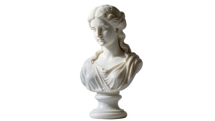 Classical white marble bust of a woman with flowing hair, isolated on transparent background