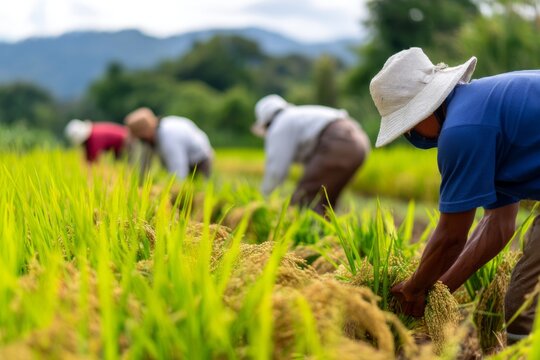 Rural Harvest Scene Featuring Workers Bending Over Crops in Lush Green Fields