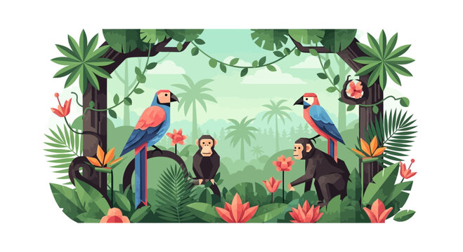 Colorful macaws and monkey in jungle.