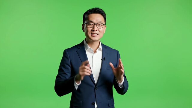 Professional Asian male news anchor in a blue suit and glasses gesturing and pointing on a green screen background for chroma key compositing.