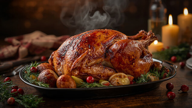 Golden roasted turkey on a platter with festive holiday garnishes with golden brown with crispy skin with home cooked with comfort food with main course with seasonal food with traditional dish
