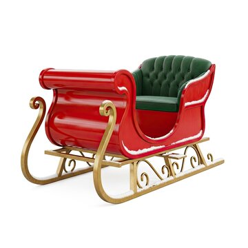 A detailed 3D rendering of a classic Santa Claus sleigh. The sleigh features a bright red seat with a tufted leather cushion and green velvet backrest.