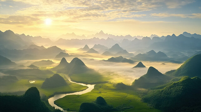 Karst landform natural mountains and rivers scenery aerial photography