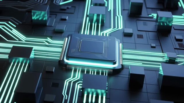 Futuristic Microchip with Glowing Cyan Circuitry and Data Flow processor circuit board