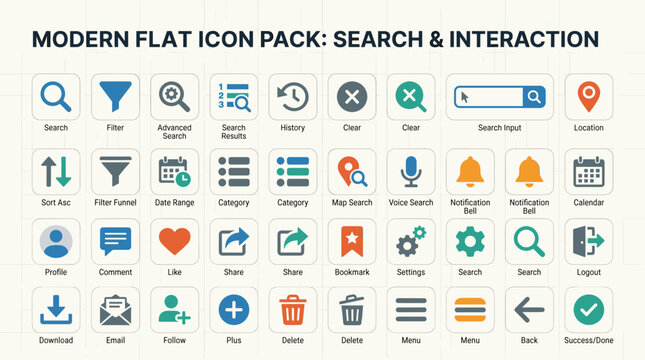 A modern flat vector icon pack featuring search interface elements and user interaction symbols. Clean, minimalist, and designed with solid colors for apps, websites, and UI systems.