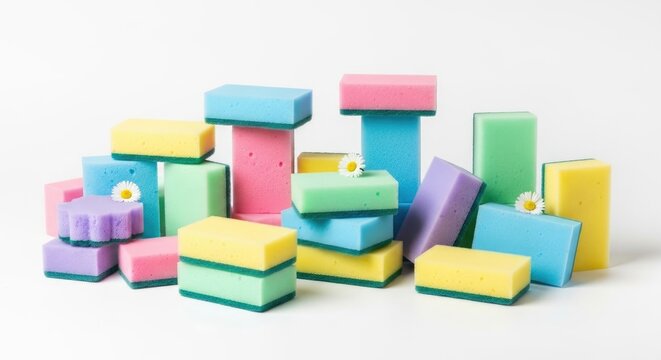 A colorful stack of brightly colored sponges forms a playful tower. The sponges are arranged in a haphazard pile, with various shades of pink, blue, yellow, green, and purple.