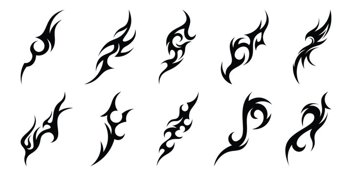 Neo tribal shapes. Y2K sharp elements, Tribal tattoo, abstract symmetrical design, various decorative elements. Vector illustration