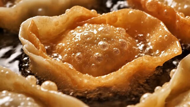 Close up of wontons deep frying in boiling oil.