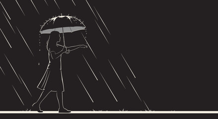 Fototapeta premium Woman Walking with Umbrella in Heavy Rain Vector Illustration