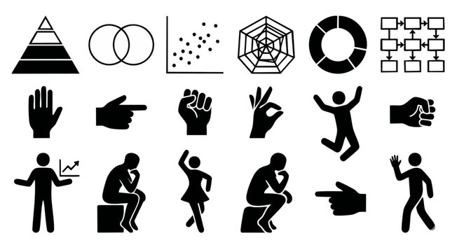 Business Data Charts and Human Interaction Icons Set, Black Silhouette Infographic Elements for Presentations and Web UI Design, Collection of Professional Corporate Marketing Symbols and Gestures