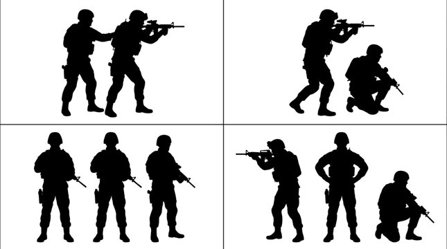 Military soldier silhouette set featuring tactical team movement, aiming rifles and standing guard poses isolated on white background vector illustration