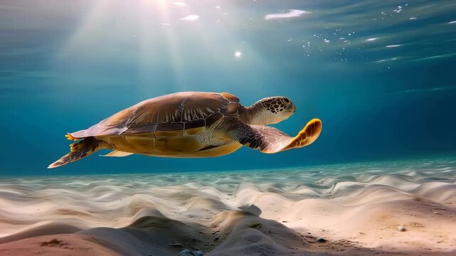 Sea turtle swimming gracefully in clear blue ocean water with sunbeams underwater