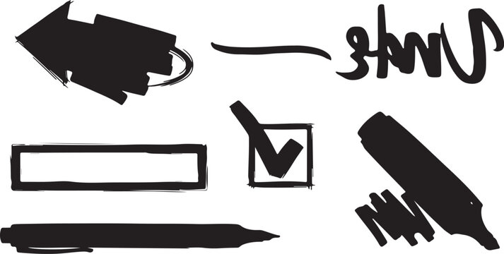 An edgy vector set of hand-drawn black marker doodles featuring a sketchy "Write" text icon, a bold directional arrow, a rectangular text frame box, a checklist box with a tick mark, & highlighter tip