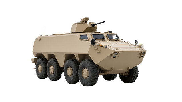 Tan armored personnel carrier with mounted machine gun, isolated on transparent background