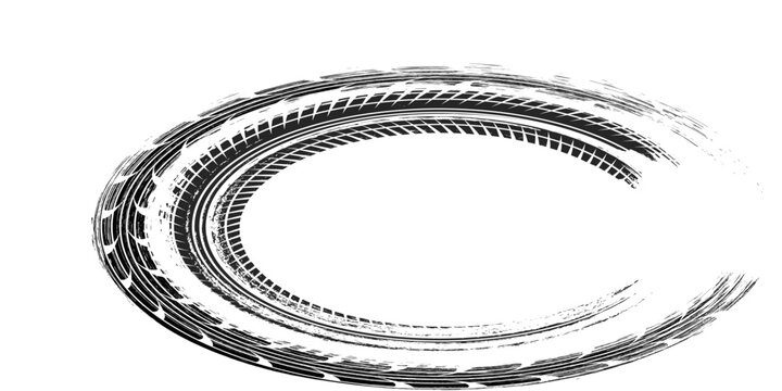 Black tire tracks isolated on white background. Black tire tracks on white, grunge texture, dirt splashes, vector background,