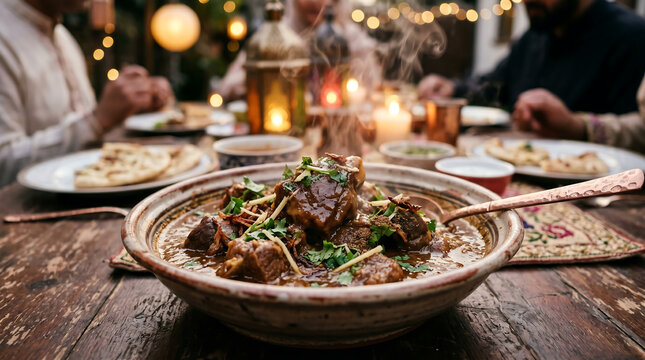 Traditional mutton curry served in a rustic bowl for iftar dinner