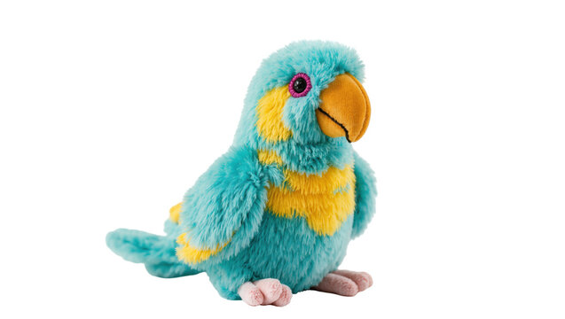 Fluffy blue and yellow parrot plush toy, isolated on transparent background