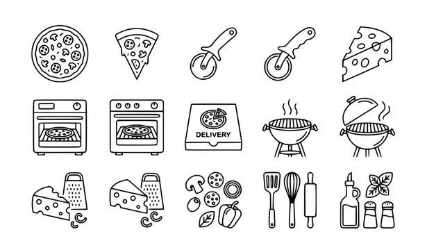 Pizza line icon set with slice cutter oven grill and editable stroke food vector collection