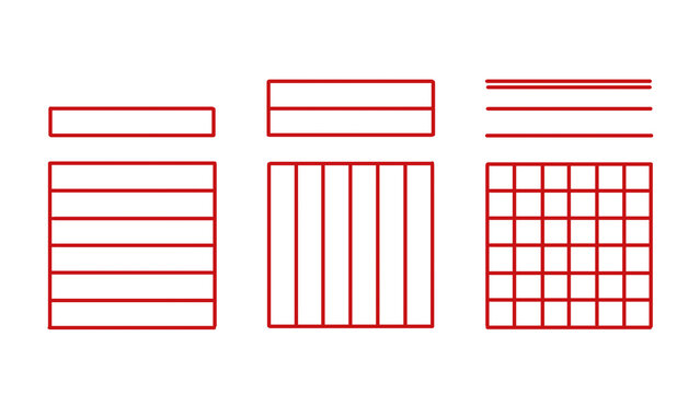 Red outline chart: bar, column, grid structure. Three vector illustrations for infographics, data visualization, reports. Diagram transparent design.