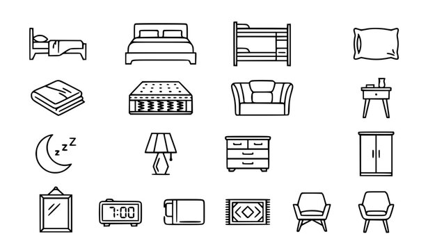 Bed and bedroom line icon set with furniture sleep elements and editable stroke vector collection