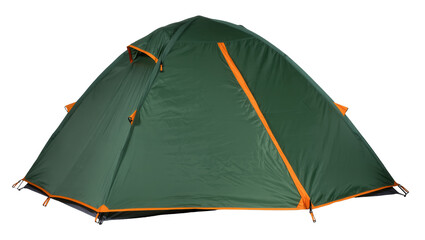 Green dome camping tent with orange zippers, isolated on transparent background © Emilija