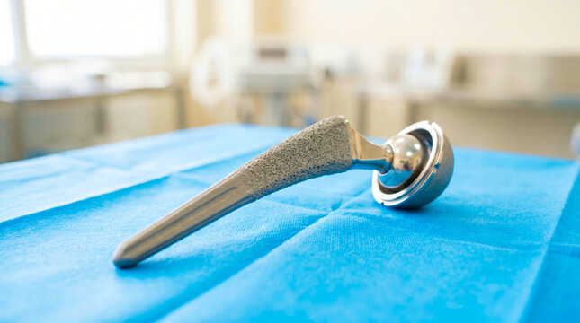 Titanium orthopedic hip implant resting on blue surgical drape