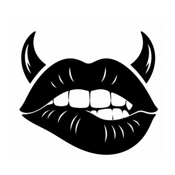 Devilish Biting Lips with Horns Silhouette Vector - Sultry Lips Cut Files, Biting lips, Lips svg, Devil horn