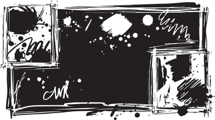 A striking collection of dark black grunge frames, distressed artistic borders, white ink splatters, rough paint brush strokes, and scratch textures on a clean white background. © crea8ive