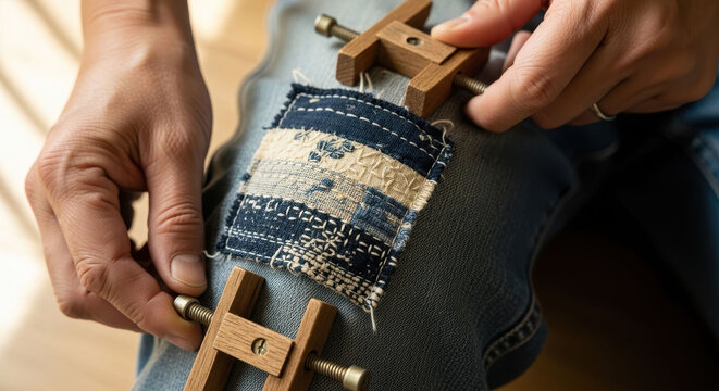 Hands pressing a Japanese boro patch with wooden clamps on denim fabric featuring patchwork, textile repair, sashiko stitching with jeans and