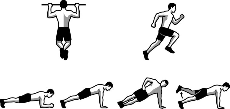 Fitness exercise illustration set featuring pull up, running, plank and push up workout poses isolated on white background for training design