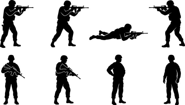 Soldier silhouette collection featuring military personnel aiming rifles, standing guard and prone shooting poses isolated on white background vector set