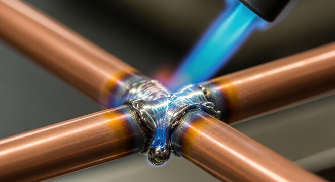 Pipes copper being soldered with blue flame from torch in close-up view with shiny metal joint featuring soldering, welding, plumbing with metalwork
