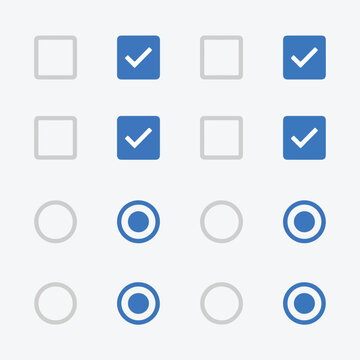 Essential UI Elements Comprehensive Display of Checkboxes and Radio Buttons in Both Selected and Unselected States for Interactive Digital Forms and Web Interfaces