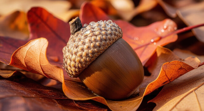 Acorn brown with cap and stem on fallen autumn leaves background featuring oak, tree, nut with natural and organic elements for seasonal, earthy
