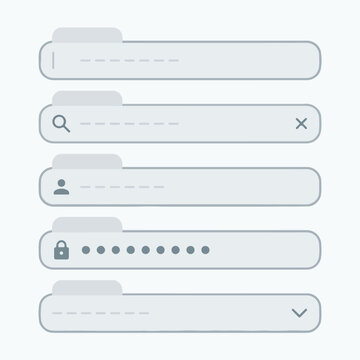 Modern minimalist UI input fields and form elements set. Clean flat design components for web and mobile apps, featuring search, user profile, password, and selection dropdowns