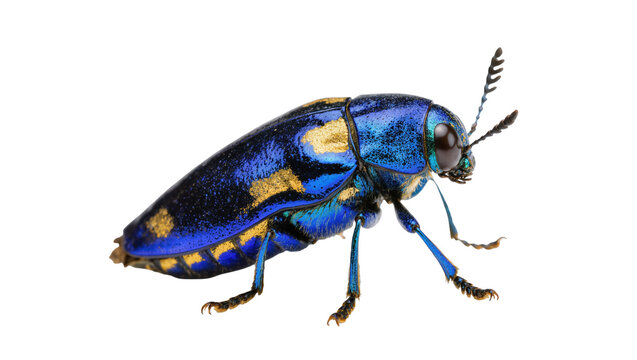 Iridescent blue and gold jewel beetle, isolated on transparent background
